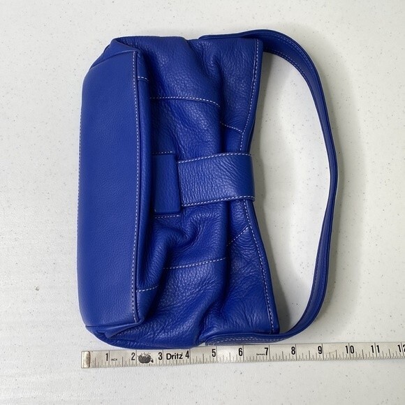 Liz Claiborne Blue Pebbled Leather Mini Hobo Bag Contrast Stitch Fold Over Flap - Picture 6 of 16